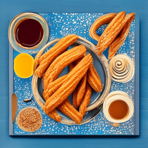 La imagen debe representar un colorido plato de churros junto con la información nutricional, enfatizando su contenido energético y la idoneidad como una opción de desayuno con calorías.
