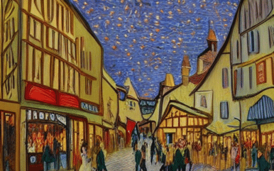 La imagen representa una vista pintoresca de las vibrantes calles de Eguisheim y las casas de media madera